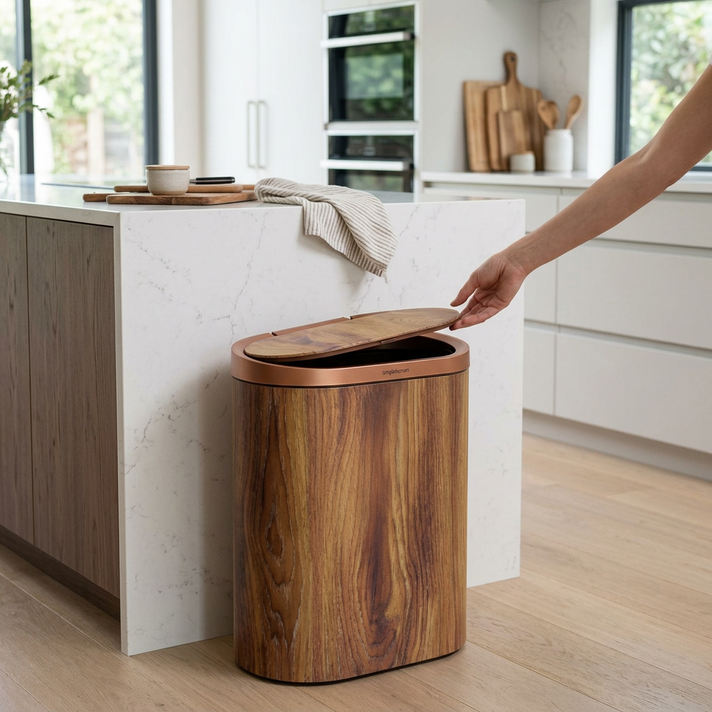 Marble design trash can in a modern kitchen
