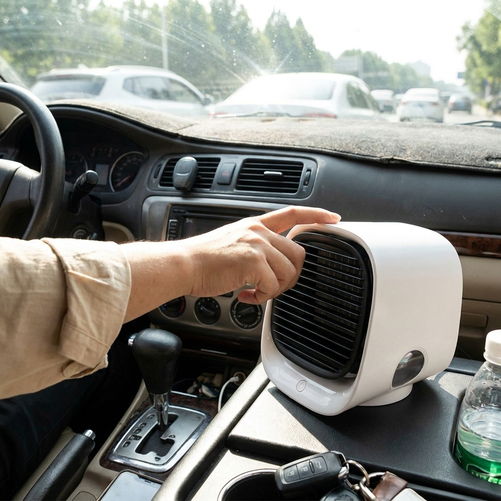 Portable mini air conditioner in use in a car