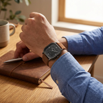 Square dial quartz watch worn at a desk