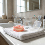 Silicone dental prosthesis set on a bathroom counter