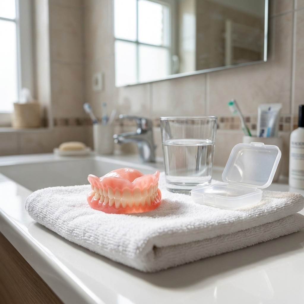 Silicone dental prosthesis set on a bathroom counter