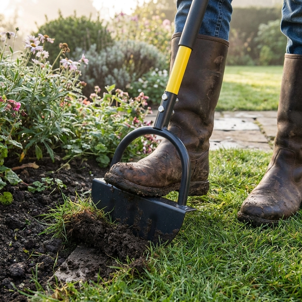 Manual lawn edger in use along a garden border