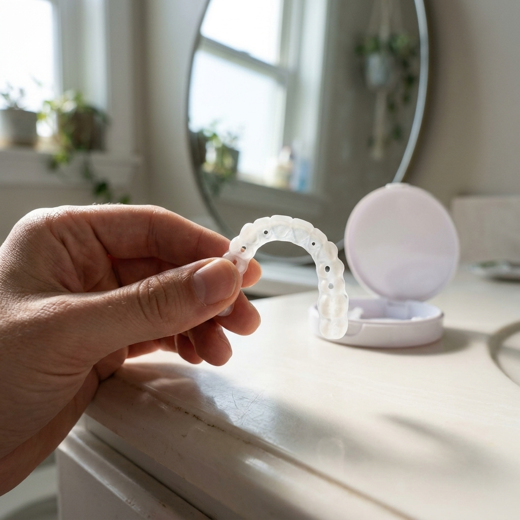 Snap-on dental veneers held in hand