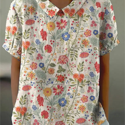 Women's Cotton Linen Shirt, Pastoral Floral Print Casual Blouse, Soft Breathable Rustic Top in Sizes S to 4XL
