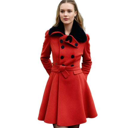 Women's Long Winter Coat with Fur Collar, Warm Soft Sustainable Fabric Overcoat, Sizes S to 5XL, Khaki, Black, Blue, Red