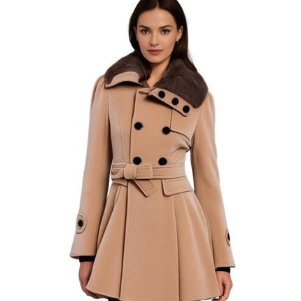 Women's Long Winter Coat with Fur Collar, Warm Soft Sustainable Fabric Overcoat, Sizes S to 5XL, Khaki, Black, Blue, Red