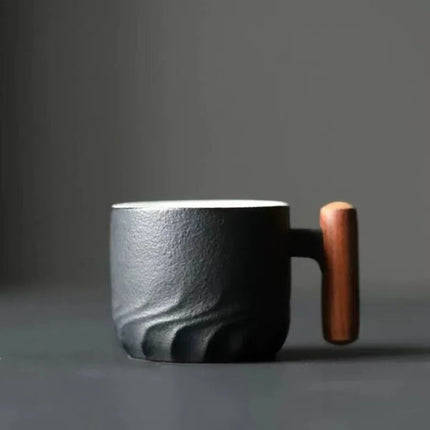 Vintage Espresso Cups with Wooden Handle, 80ml Durable Ceramic Coffee Cups in Black, Blue and Green for Home and Cafe Use