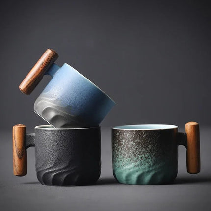Vintage Espresso Cups with Wooden Handle, 80ml Durable Ceramic Coffee Cups in Black, Blue and Green for Home and Cafe Use