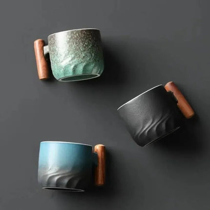Vintage Espresso Cups with Wooden Handle, 80ml Durable Ceramic Coffee Cups in Black, Blue and Green for Home and Cafe Use