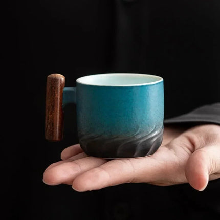 Vintage Espresso Cups with Wooden Handle, 80ml Durable Ceramic Coffee Cups in Black, Blue and Green for Home and Cafe Use