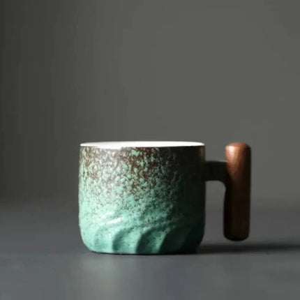 Vintage Espresso Cups with Wooden Handle, 80ml Durable Ceramic Coffee Cups in Black, Blue and Green for Home and Cafe Use