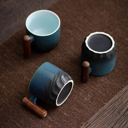 Vintage Espresso Cups with Wooden Handle, 80ml Durable Ceramic Coffee Cups in Black, Blue and Green for Home and Cafe Use