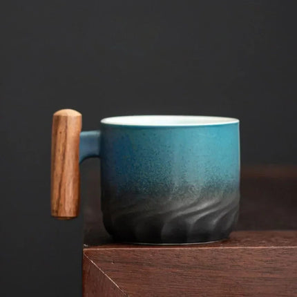 Vintage Espresso Cups with Wooden Handle, 80ml Durable Ceramic Coffee Cups in Black, Blue and Green for Home and Cafe Use