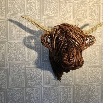 Wall-Mounted Cow Sculpture, Handcrafted Highland Cattle Head Wall Art, Rustic Farmhouse Living Room Decor, 24.8 x 20.9 in