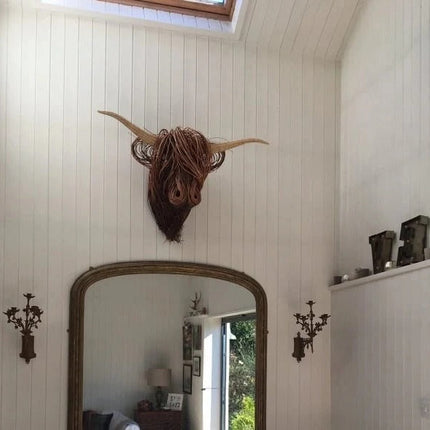 Wall-Mounted Cow Sculpture, Handcrafted Highland Cattle Head Wall Art, Rustic Farmhouse Living Room Decor, 24.8 x 20.9 in