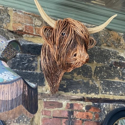 Wall-Mounted Cow Sculpture, Handcrafted Highland Cattle Head Wall Art, Rustic Farmhouse Living Room Decor, 24.8 x 20.9 in