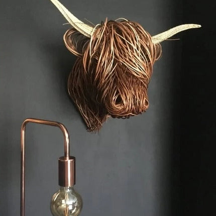 Wall-Mounted Cow Sculpture, Handcrafted Highland Cattle Head Wall Art, Rustic Farmhouse Living Room Decor, 24.8 x 20.9 in