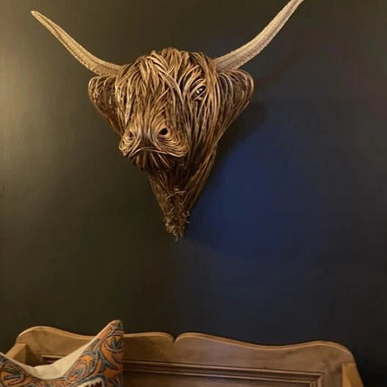 Wall-Mounted Cow Sculpture, Handcrafted Highland Cattle Head Wall Art, Rustic Farmhouse Living Room Decor, 24.8 x 20.9 in