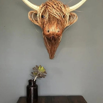 Wall-Mounted Cow Sculpture, Handcrafted Highland Cattle Head Wall Art, Rustic Farmhouse Living Room Decor, 24.8 x 20.9 in
