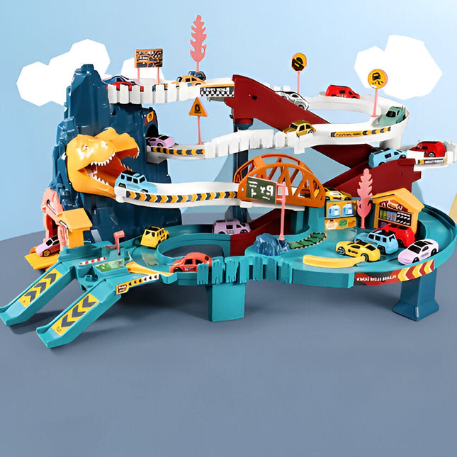 Dinosaur Race Track with Cars, Car Race Track Toy with Tunnels and Parking, Toy Race Track Playset with Traffic Signs