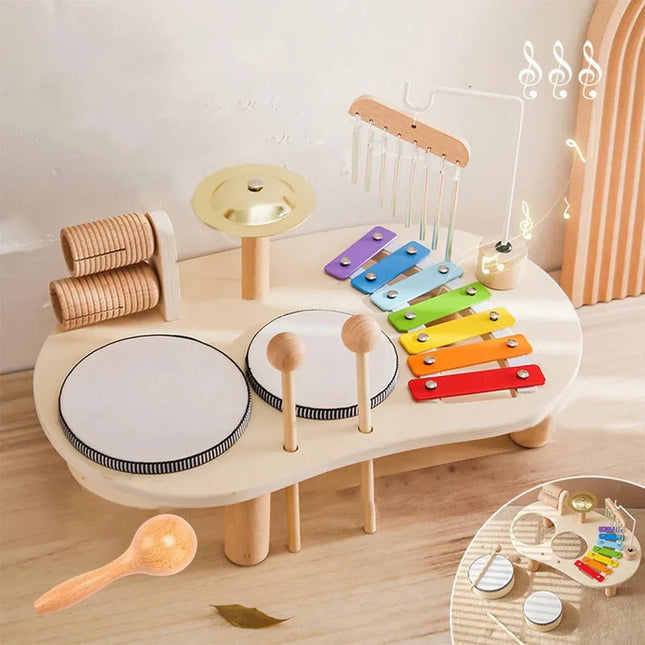 Kids Drum Set, Montessori Drum Kit with Wooden Xylophone Toy, Cymbal, Rattle and Chimes Sound Toy for Toddlers