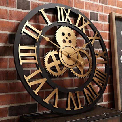 Analog Clock for Wall, Industrial Wall Clock with Roman Numerals and Exposed Gears, Silent Gear Clock for Living Room
