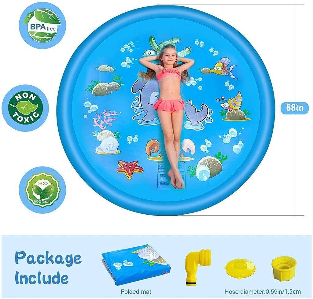 Tuzwa 68-Inch Splash Pad for Kids – Adjustable Sprinkler Water Play Mat with Garden Hose Connection for Backyard Summer Fun