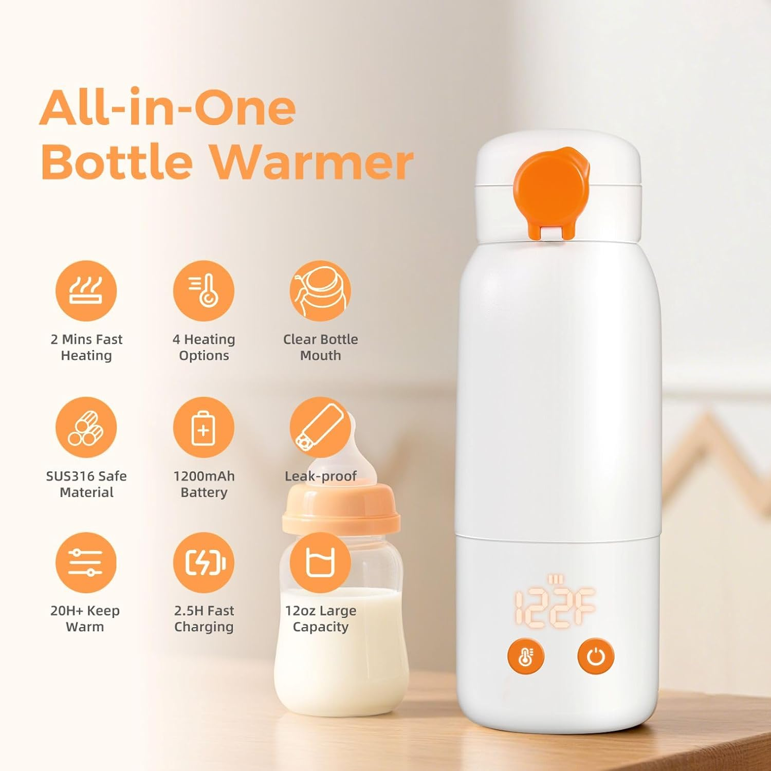 TUZWA Portable Baby Bottle Warmer for Car, 10-Minute Heating, Auto Shutoff, 12-Foot Cord, 8 oz Capacity, Foldable Travel Design
