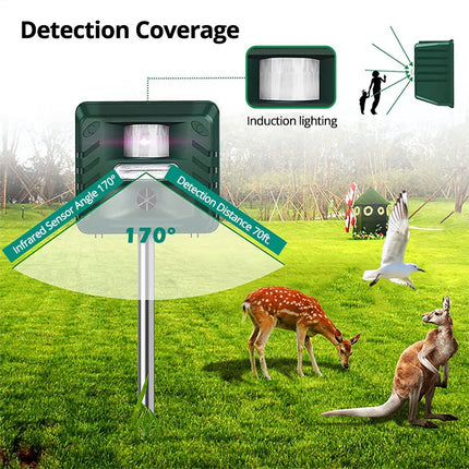 Solar Ultrasonic Animal Repeller, Motion Activated PIR Sensor, 70 ft Range, 170 Degree Garden Deterrent
