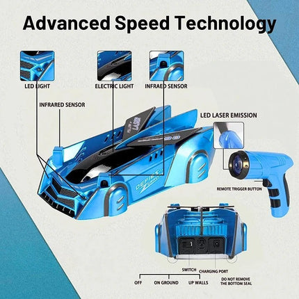 Wall Climbing Car Toy for Kids, Laser Controlled Gravity Defying RC Stunt Car with LED Lights and USB Rechargeable Battery
