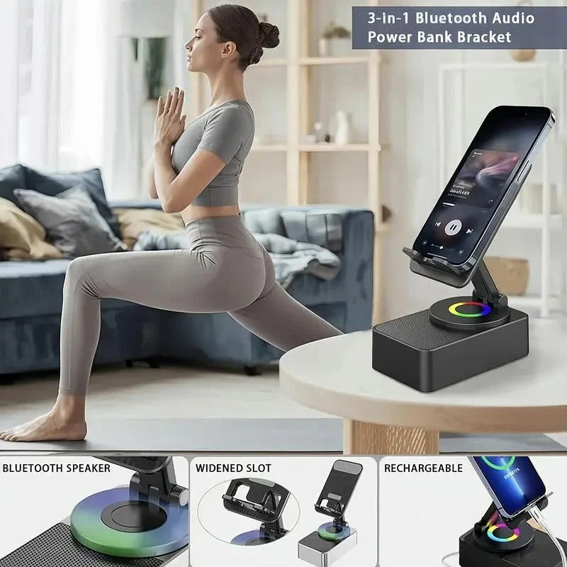 Tuzwa Foldable Phone Stand with Wireless Speaker – 1500mAh Power Bank, LED Base, 180° Adjustable Arm & Hands-Free Calling
