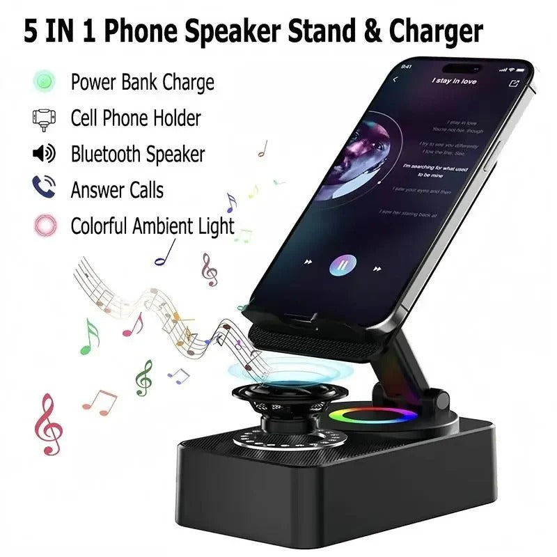 Tuzwa Foldable Phone Stand with Wireless Speaker – 1500mAh Power Bank, LED Base, 180° Adjustable Arm & Hands-Free Calling