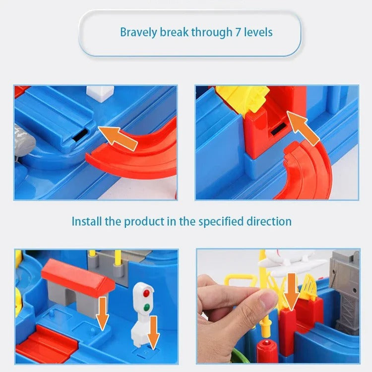 Tuzwa Mechanical Car Track Toy – Interactive Vehicle Adventure Game with Manual Levers, Buttons & Multi-Zone Tabletop Track