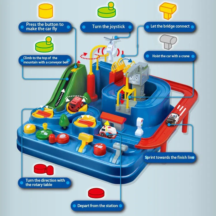 Tuzwa Mechanical Car Track Toy – Interactive Vehicle Adventure Game with Manual Levers, Buttons & Multi-Zone Tabletop Track