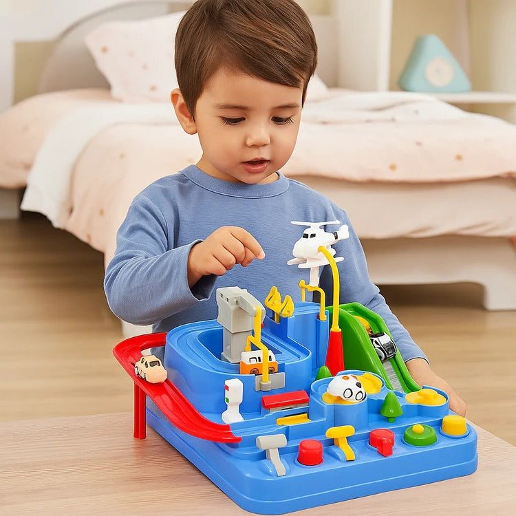 Tuzwa Mechanical Car Track Toy – Interactive Vehicle Adventure Game with Manual Levers, Buttons & Multi-Zone Tabletop Track