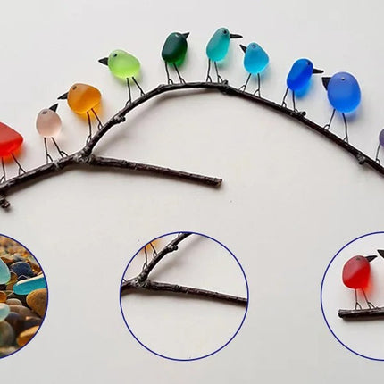Wall Art Sea Glass Birds on Driftwood, Coastal Decor for Shelf or Wall