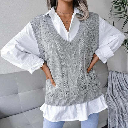 Womens V Neck Cable Knit Cardigan Sleeveless Knitted Sweater Vest Soft Acrylic Layering Top for Fall