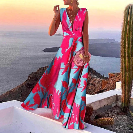 Women's Holiday Dress, Sleeveless V Neck Maxi Dress with Fitted Waist in Soft Breathable Summer Fabric