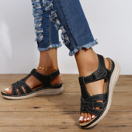 Womens Orthopedic Velcro Sandals Hook and Loop Adjustable Strap Flat Comfort Walking Shoes Brown Black