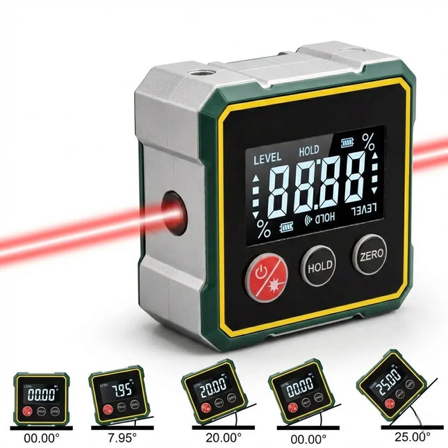 Tuzwa Digital Laser Inclinometer – Dual Display Angle Finder with Auto Calibration for Precise Leveling & Measurement