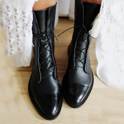 Vintage Heeled Ankle Boots for Women, Black Eco Leather Lace Up Booties with Cotton Lining, Removable Insole and Light Outsole