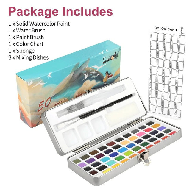 Watercolor Paint Set with 50 Colors, Travel Watercolor Set with Water Brush