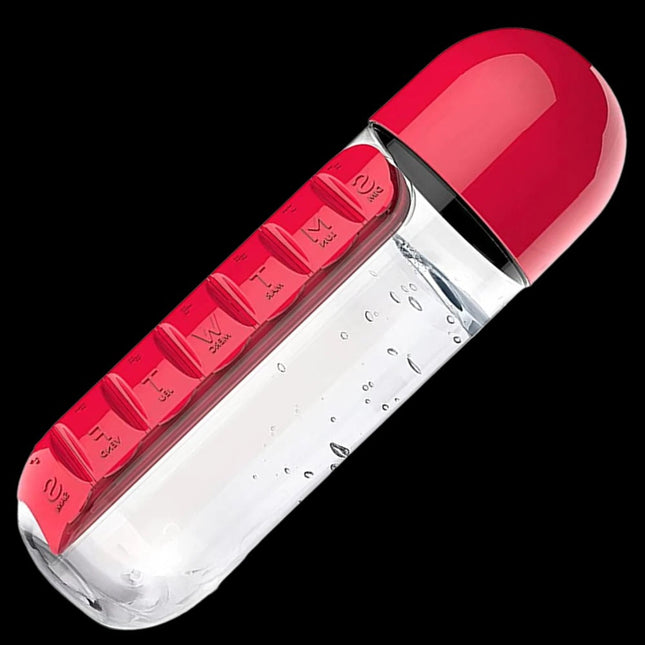Water Bottle with Pill Holder, 20 oz Leak Proof Travel Water Bottle with Built In Pillbox in Red, Blue, Pink, Black and Yellow