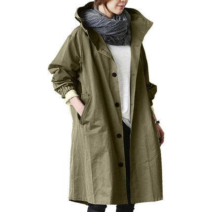 Women's Long Waterproof Raincoat, Breathable Hooded Rain Coat with Adjustable Hood, Belt and Pockets