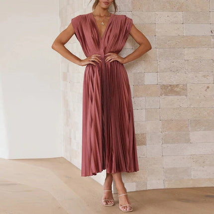 V Neck Midi Dress for Women, Pleated Tie Back Summer Dress with Adjustable Waist Tie, Breathable Boho Chic Dress for Work and Vacation