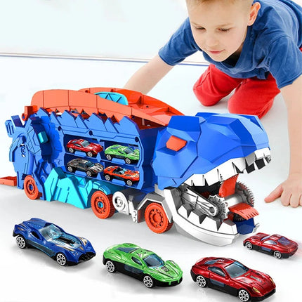 Dinosaur Toy Truck with 8 Cars, Transforming Dinosaur Car with Racing Tracks, Fine Motor Skills Toy