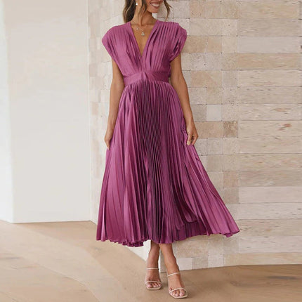 V Neck Midi Dress for Women, Pleated Tie Back Summer Dress with Adjustable Waist Tie, Breathable Boho Chic Dress for Work and Vacation