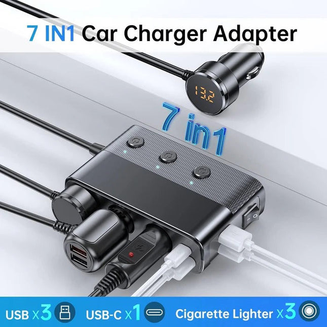 Car Cigarette Lighter Adapter 7 in 1, USB C Car Charger Adapter with Voltage Display