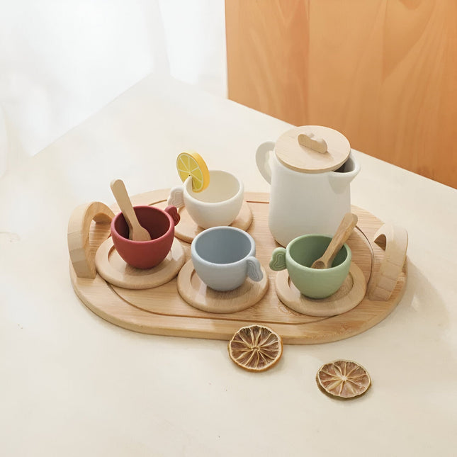 Afternoon Tea Set for Kids, Pretend Play Tea Set with Tray and Pitcher, Cups, Plates and Spoons for Role Play
