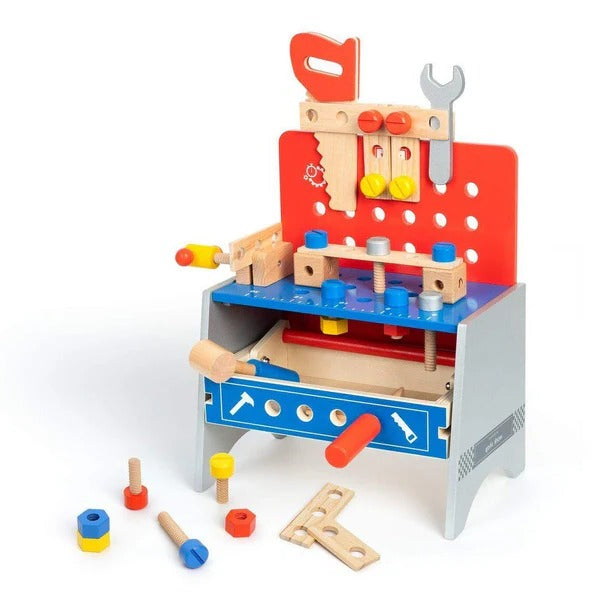 Kids Tool Bench Toy, Wooden Pretend Play Tool Set with Hammer and Saw